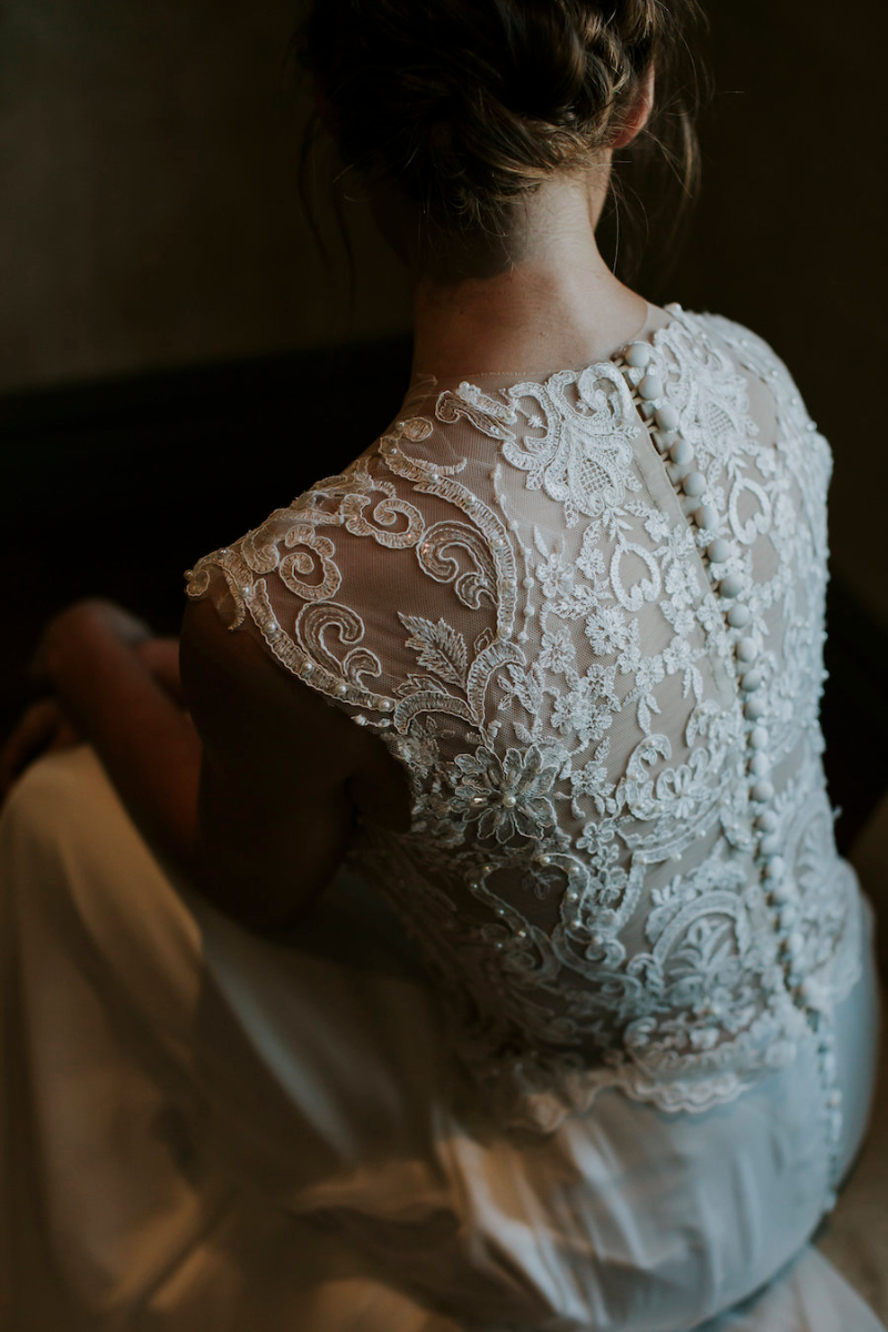 Eleanor Couture Wedding Dress with Illusion Lace Mesh Beaded Bodice and a Soft Silk Chiffon Skirt