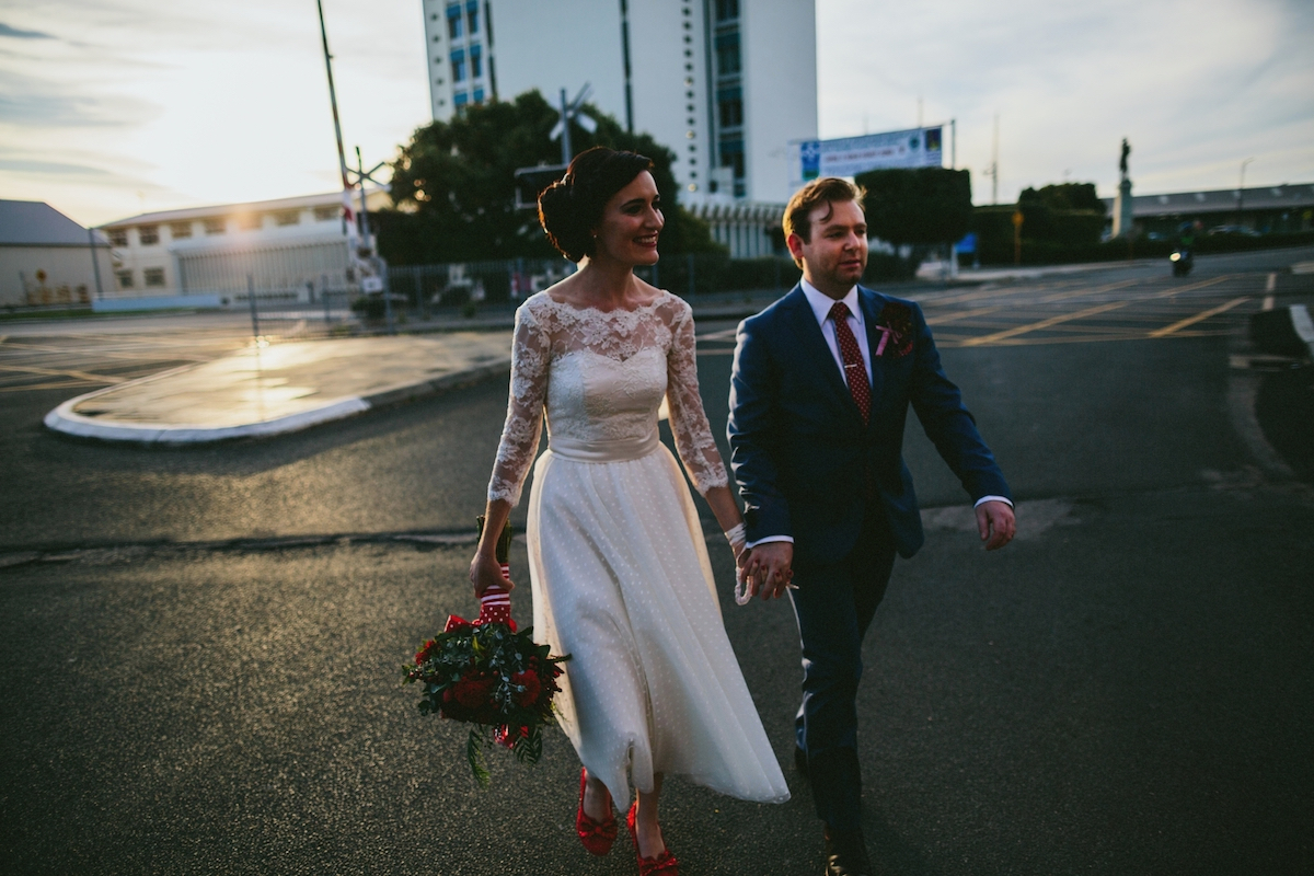 lace and polka dot wedding dress